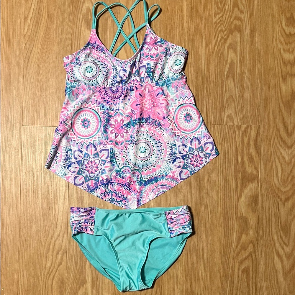 Justice Pink & Aqua Teal Mandala Tankini Set, size girls 14